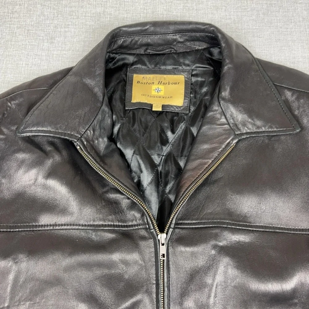 Boston Harbour Jacket Mens XL Black Leather Bomber Full Zip Elastic Hem Lined